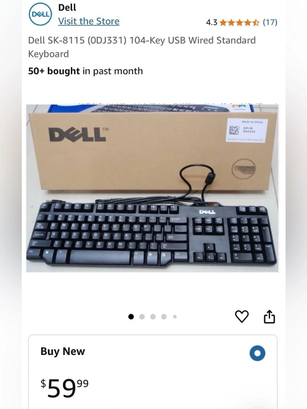 Dell Brand Wired USB Keyboard Standard 104-Key Model SK-8115 Black 6’ Cord